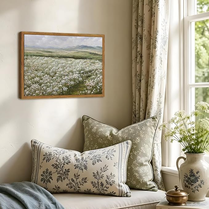 Framed Vintage Landscape Wall Art, Country Wildflower Field Pictures Wall Decor, Rustic Nature Flower Paintings Canvas Prints Farmhouse Home Decor for Living Room Bedroom Bathroom 12x16 inch