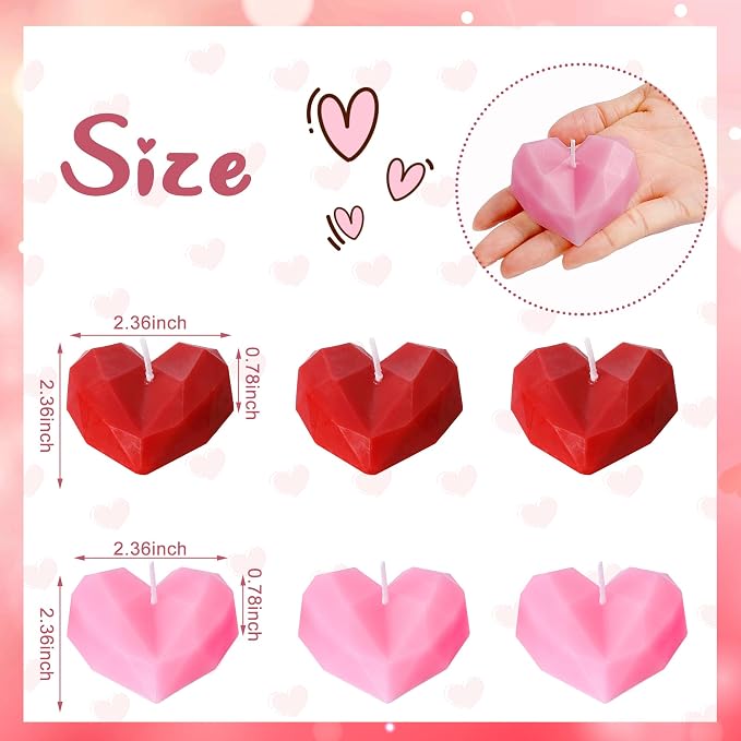 6 Pcs Valentine's Day Candles- Heart Shape Scented Candles- Handmade Diamond Heart Aromatherapy Candles for Valentine's Day, Wedding, Anniversary, Birthday, Home Decor (Red, Pink)