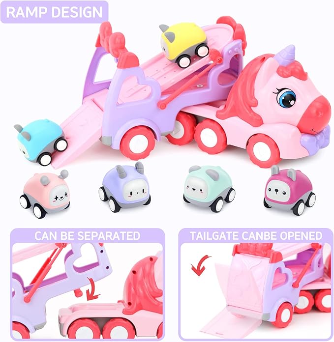 7 in 1 Carrier Truck Cars for Toddlers 1-3,Unicorn Car with Lights & Music,Toddler Girl Toys Age 2-4,Toys for 1 2 3 Year Old Girl Gifts Birthday for Baby Girls