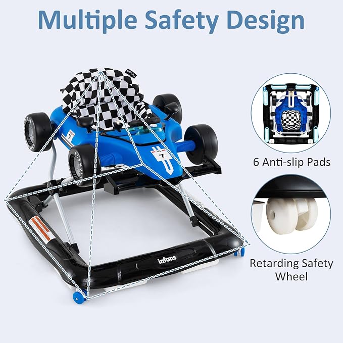INFANS 4 in 1 Baby Walker, Foldable Toddler Activity Center with Adjustable Height, Padded Seat, Music, Light, Removable Tray, Push Walker for Girls Boys Aged 6-18 Months (Blue)