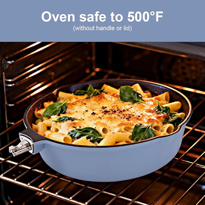Small Deep Frying Pan with Lid, 8 Inch Non Stick Egg Skillet, Omelette Pan Non Toxic, Mini Pans for Cooking, Induction Cookware, Compatible with All Stoves, Detachable Handle, Oven Safe, Blue
