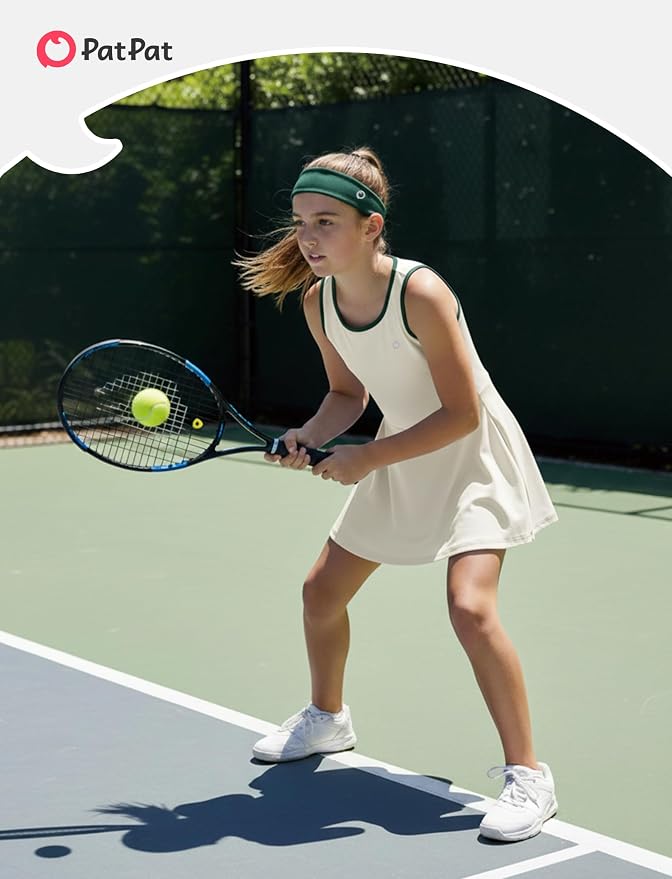 PATPAT Girls Athletic Dress Tennis Summer Outfit with Headband & Shorts | Quick-Dry RapidAir-C Fabric, Lightweight Breathable Golf Dress, Sweat-Wicking 2 Piece sets, Two Hidden Pockets