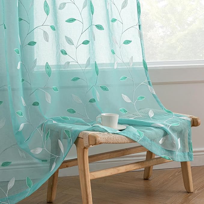 MIULEE Turquoise Sheer Curtains 2 Panels Embroidered Leaf Patterned Rod Pocket Floral Semi Sheer Faux Linen Window Curtains Drapes Set for Living Room Bedroom Dining Room, 52x96 Inches Long