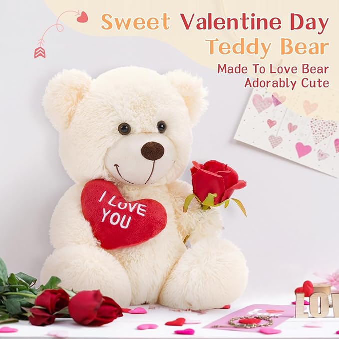 12" Teddy Bear with Heart, Cute Cream Teddy Bear Stuffed Animals for Valentines Soft Bear Plushie Toy Stuffed Bear Plush Gifts for Girlfriend Kid, Christmas