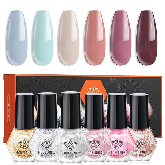 modelones Nail Polish, 6 Colors Blue Quick Dry Mini Starter Kit, Long Lasting Art DIY Manicure Set at Home for Women Girls