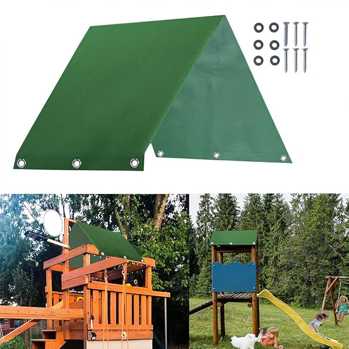 Swing Set Canopy Replacement Cover, 43" x 90" (109 x 228 cm) 600D Oxford Cloth with PVC Coating, Outdoor Shade Roof Tarp for Wooden Backyard Structures, Includes 6 Screws (Dark Green)