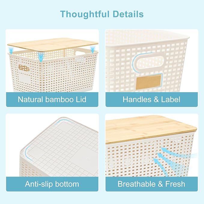 2 Pack Tall Plastic Storage Bins with Bamboo Lids, 10.8qt Stackable Storages Baskets for Organizing Desktop Closet Playroom Classroom Office, 12"L x 8.3"W x 6.1"H, Cream White