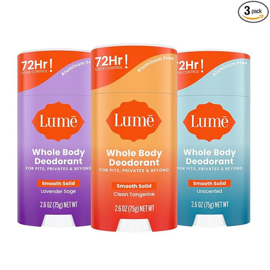 Lume Whole Body Deodorant - Smooth Solid Stick - 72 Hour Odor Control - Aluminum Free, Baking Soda Free and Skin Safe - 2.6 Ounce (Pack of 3) (Clean Tangerine, Lavender Sage, Unscented)