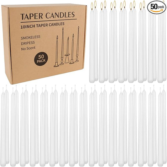 WPONSZU 50 Pack White Taper Candles, 7-8 Hours Burn Time, Unscented, Smokeless and Dripless, 4/5 x 10 Inch for Christmas,Household,Dinner,Wedding,Valentine's Day,Party and Home Décor Candlesticks