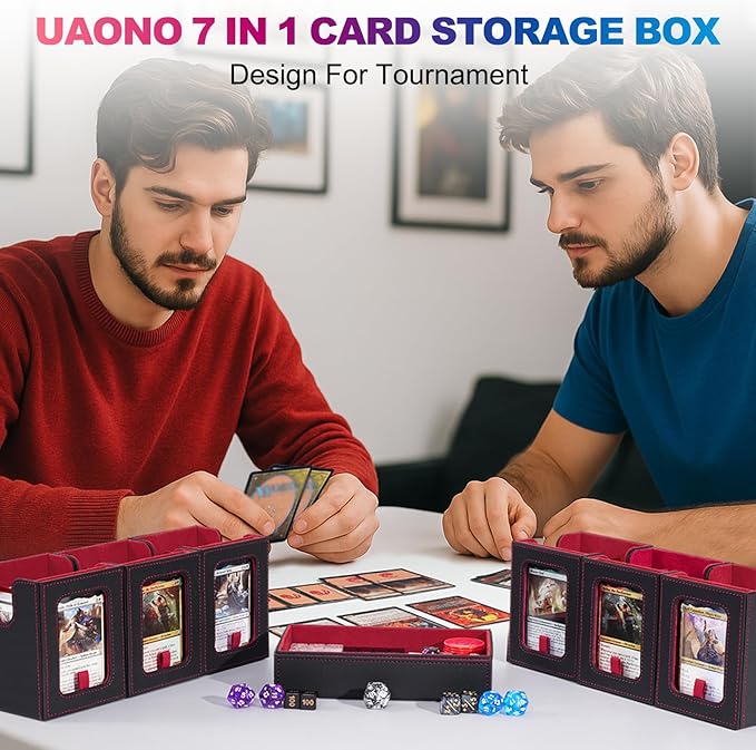 UAONO Commander Deck Box for MTG, 6-Deck Modular Card Case with Dice Tray Holds 600+ Double-sleeved Cards, Removable Trading Cards Storage Box with 35PT Magnetic Card Holders for TCG, Black Red