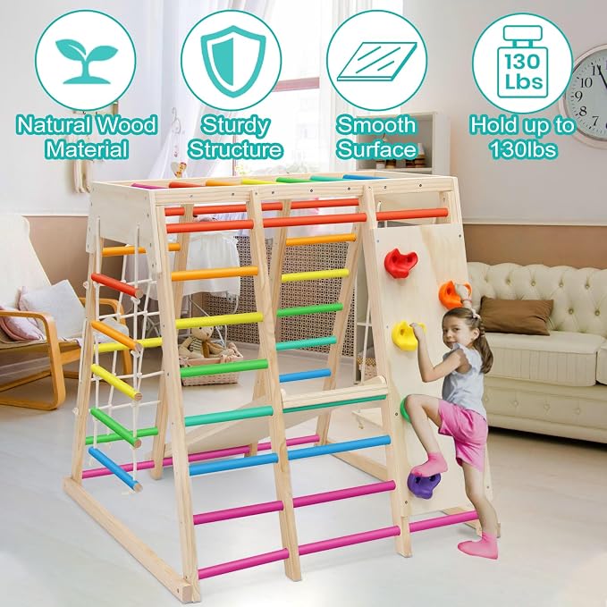 7 in 1 Pikler Indoor Playground Jungle Gym Playset, Wooden Montessori Climber with Slide, Rock Climb Wall, Monkey Bars, Rope Ladder, Climbing Rope and Swing for Kids（Rainbow）