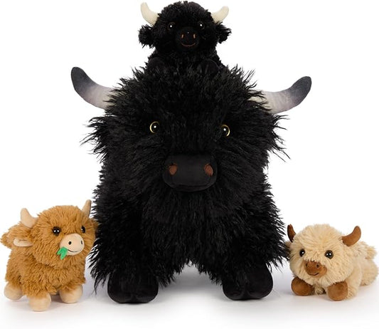 Muiteiur 21.6 Inch Highland Cow Stuffed Animal with 3 Baby Cows, Plush Highland Cattle Mother with Cute Messy Plush, Soft Black Cattle Toy Set for Kids Girls Boys