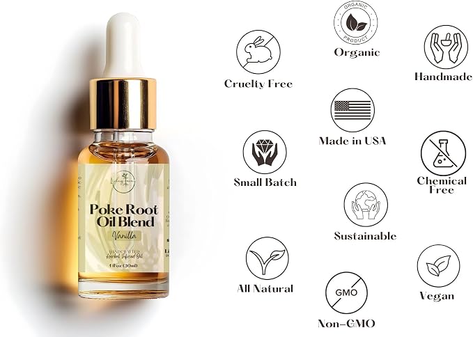 Organic Poke Root Oil with Castor Oil & Vanilla for Cysts, Boils, Fibroids, Swollen Lymph Nodes, Breast & Joint - Vegan Lymphatic Support Massage Oil - Handmade in The USA