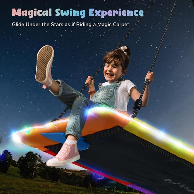 Hapfan 60 inch Platform Tree Swing with LED Light, Large Outdoor Swing for Kids and Adults, Waterproof 900D Oxford Fabric, 9.8 FT Hanging Straps (Rainbow)