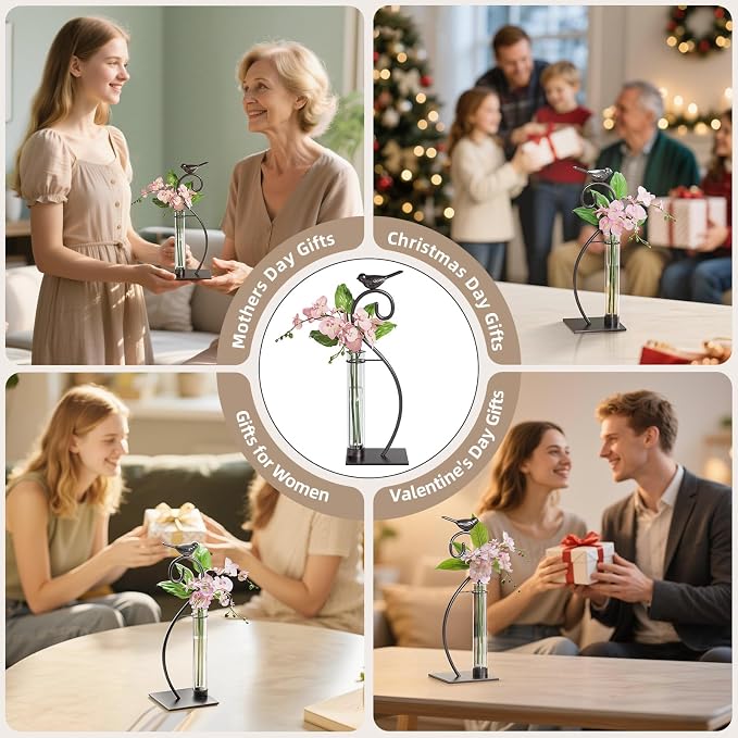 Marbrasse Plant Propagation Station, Plant Terrarium with Tubes Glass Vase, Desktop Glass Planter for Hydroponic, Plant Lover Gifts for Women Home Kitchen Office Garden Decor Terrarium Supplies
