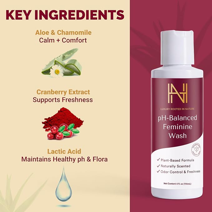 Feminine Gel for Women pH Balanced Intimate Wash with Aloe, Chamomile & Cranberry Extract Plant-Based, Odor Control, Soothing Botanical Formula & Sensitive Skin Care, Made in USA, 4 fl oz