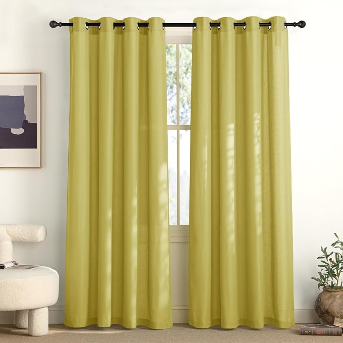 NICETOWN Bright Yellow Linen Curtains 96 inches Long, Grommet Thick Flax Light Filtering Window Treatments Semi Sheer Privacy Assured for Bedroom/Kids Room, W55 x L96, 2 Panels