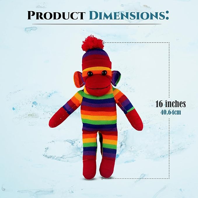 Plushland Adorable Sock Monkey, The Original Traditional Hand Knitted Stuffed Animal Toy Gift-for Kids, Babies, Teens, Girls and Boys Baby Doll Present Puppet (16'' Rainbow)
