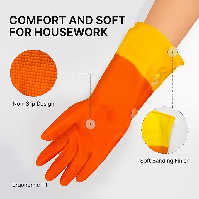 USE FUN Kitchen Rubber Gloves – 100% Natural Latex, Durable Non-Slip Waterproof Dishwashing Gloves, M/L/XL