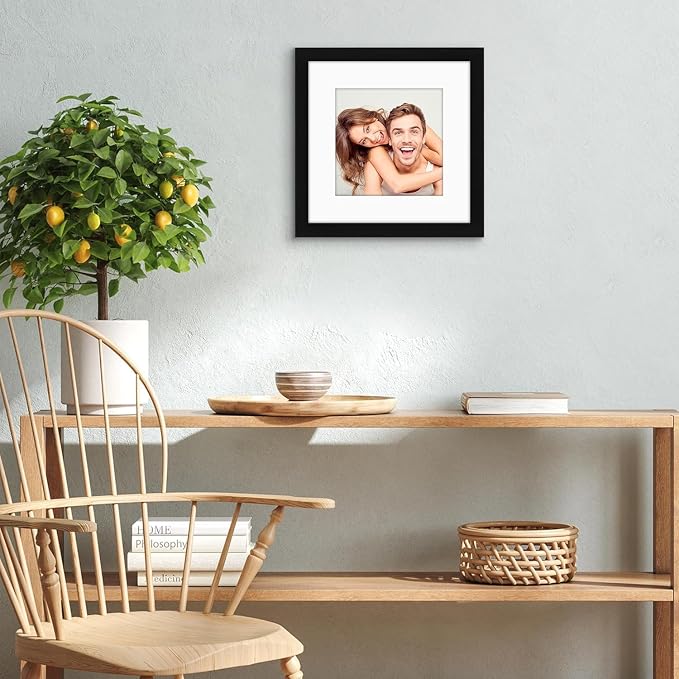 Americanflat 9x9 Picture Frame - Matted to 6x6 - Engineered Wood - Black | Shatter-resistant glass, wall or tabletop display with included easel, sawtooth hangers included, use with or without mat