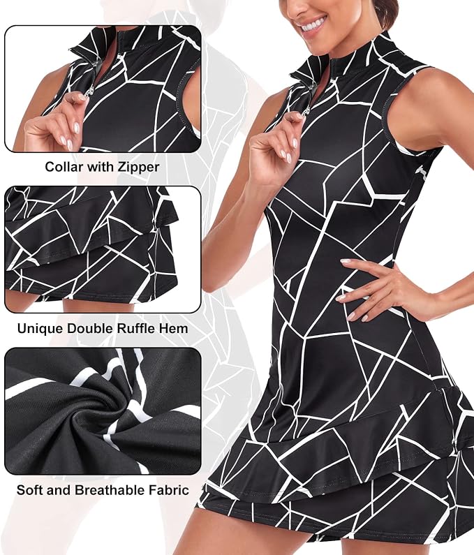 Viracy Tennis Dress for Women Sleeveless Golf Dresses with Shorts and Pockets Ruffle Zip Up Stand Collar Golf Outfits