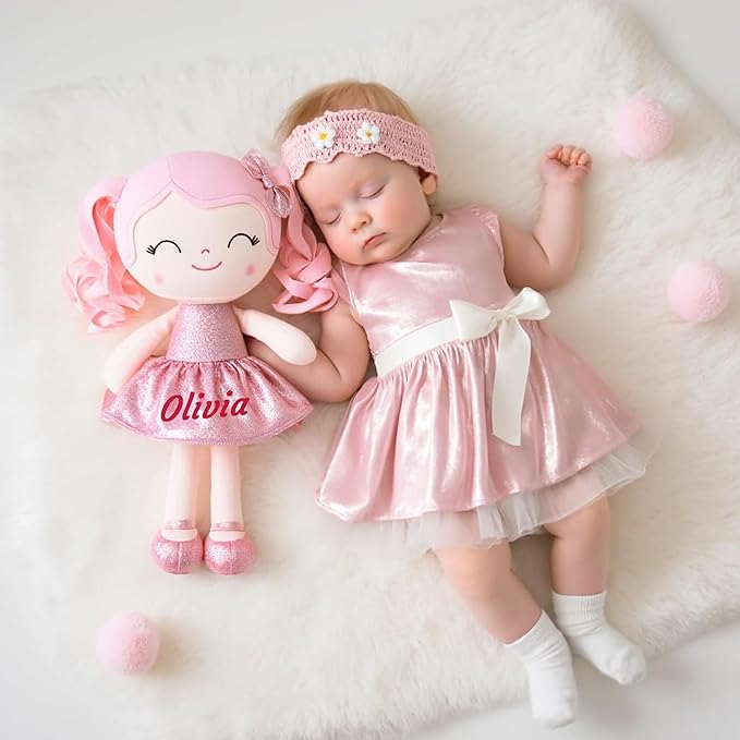 Gloveleya Personalized Baby Doll – 12” Soft Rag Doll with Custom Name Printing, Curly Hair Pink Dress, Keepsake Plush Toy, Perfect Birthday, Christmas for Girls