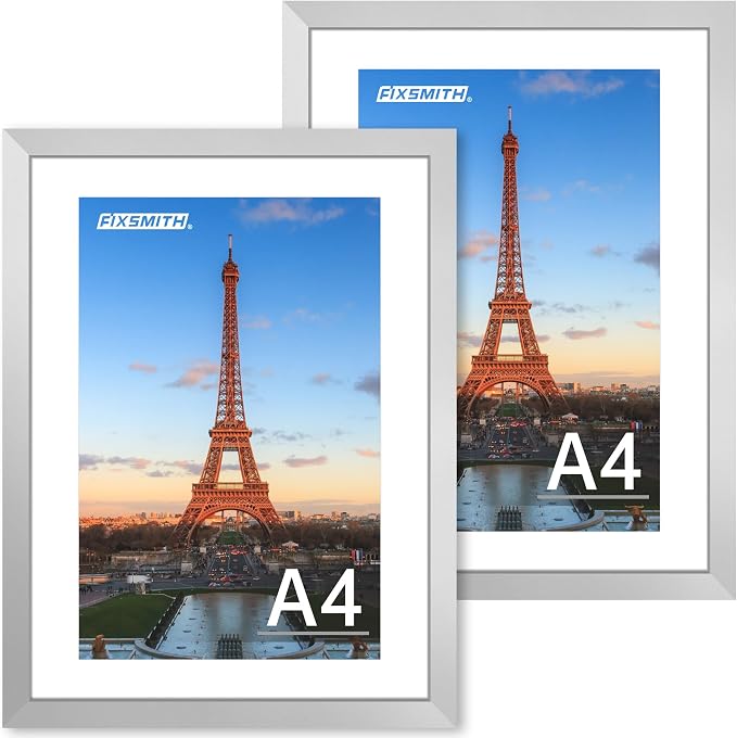 FIXSMITH A4 Picture Frame Set of 2, Silver Photo Frame with HD Plexiglass, Display Pictures 6x8 with Mat or 8.3x11.7 Without Mat Multi Picture Frames Collage for Tabletop or Wall Display