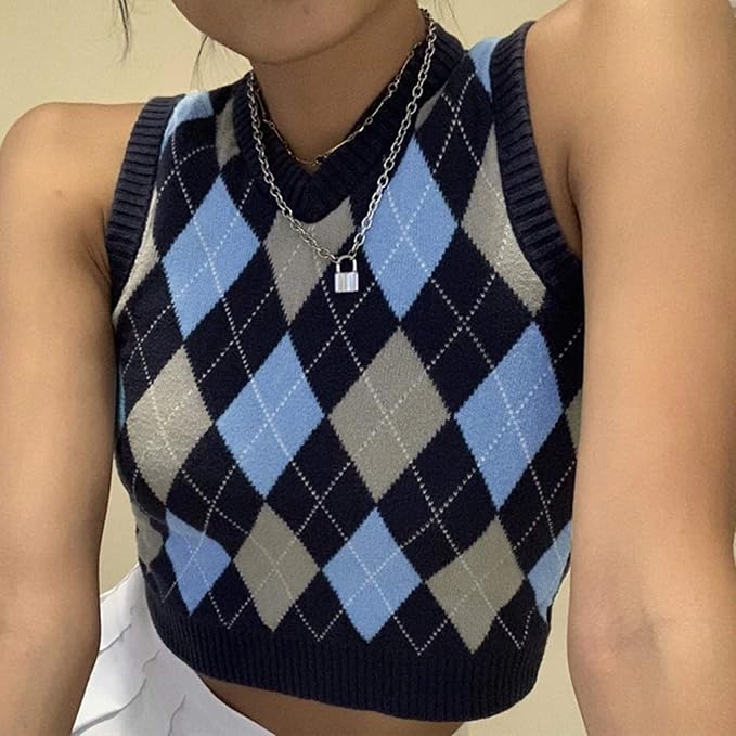 Women's Sweater Vest,Y2K Sleeveless Pattern Preppy Style Knitted Crop Tank Top for Girl