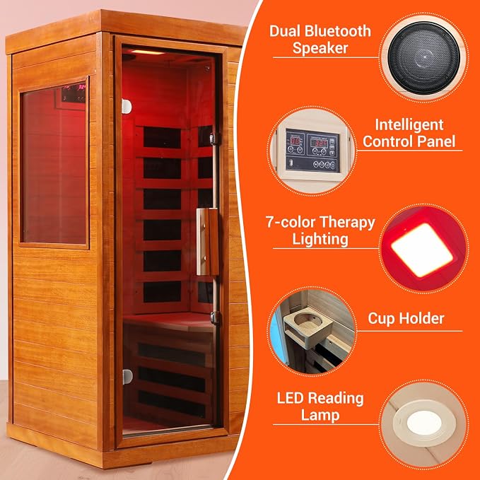 Bowear Far Infrared Sauna for 1-2 Person, 110V 1120W Indoor Home Sauna with Bluetooth Audio, 7 Colors Light Therapy, Reading Lamp, Time & Temperature Adjustable, Oguman Wood Dry Sauna
