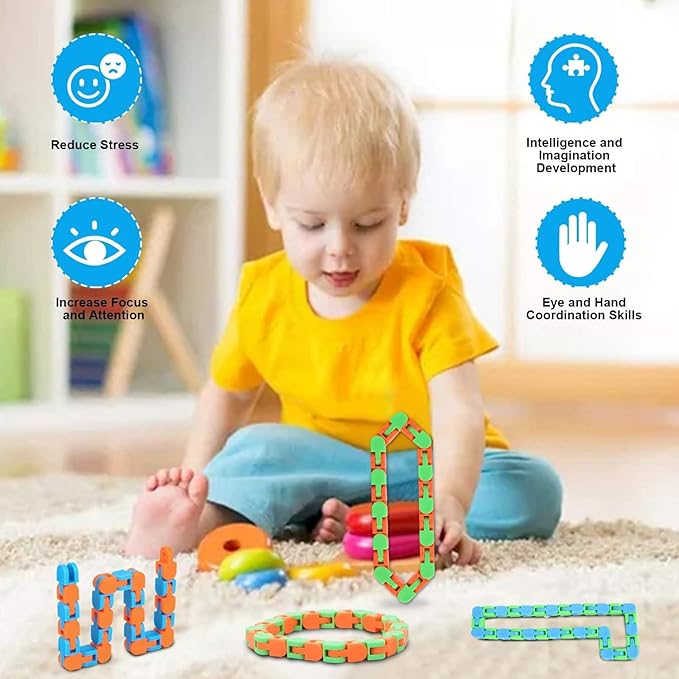 12 Pack Wacky Tracks Snap Fidgets Snake Click Fidget Toys for Kids Adults ADHD Autism Sensory Classroom Stocking Stuffers Stress Relief Focus Tools Keep Fingers Busy and Minds Calm
