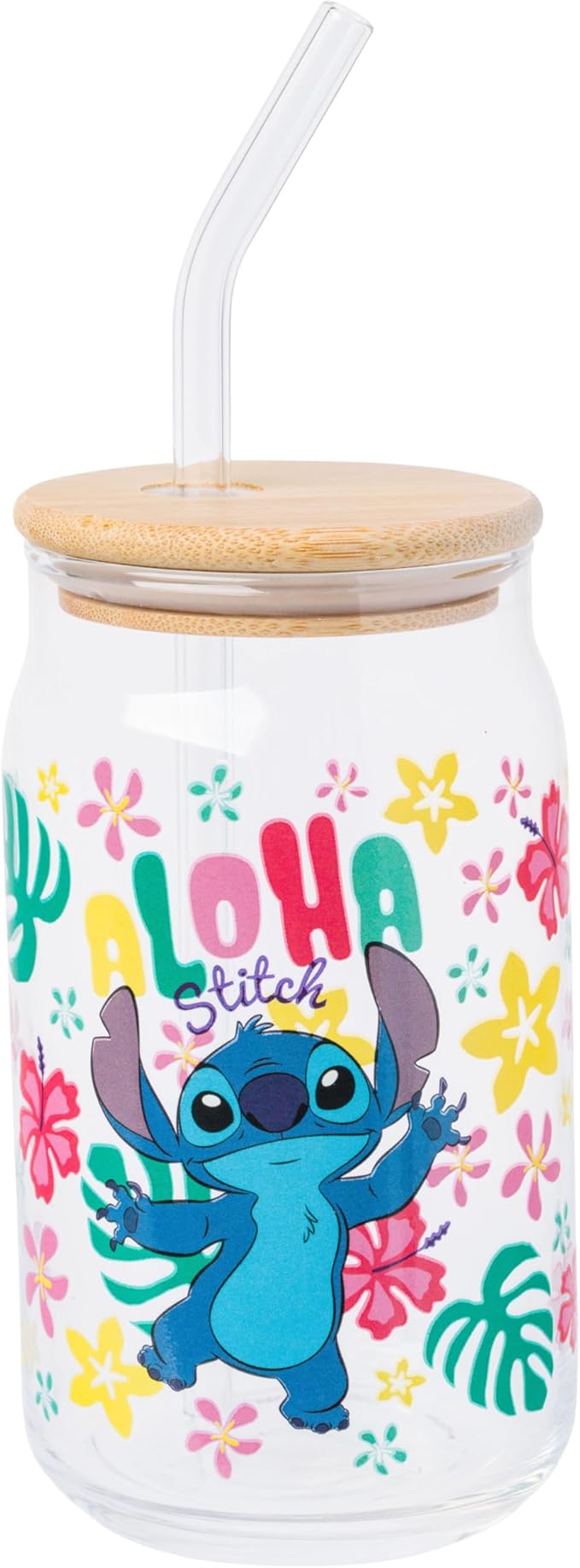 Silver Buffalo Disney Lilo and Stitch “Aloha” Tropical Hawaiian Glass Jar Tumbler with Bamboo Lid and Glass Straw, 16 Ounces