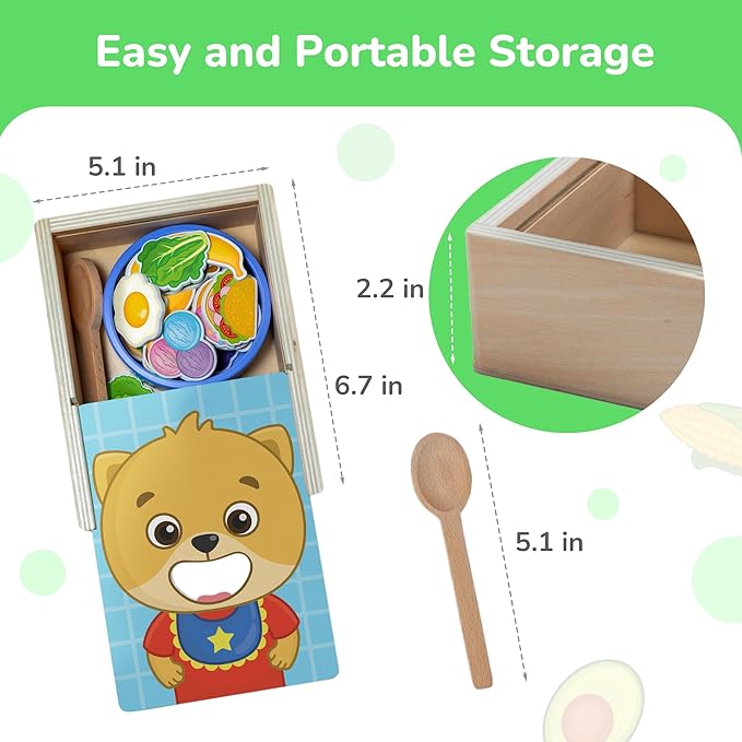 Bimi Boo Wooden Feeding Toy - Montessori Pretend Play Food Set for Toddlers 1-4+ - Fine Motor Skills Scooping Toy for Kids (27 Various Foods, a Spoon, Bowl)