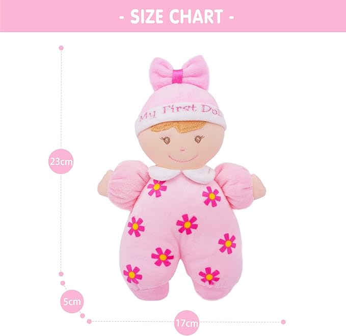 June Garden 9" My First Doll Sienna - Soft Plush Baby Doll with Rattle - Pink Outfit