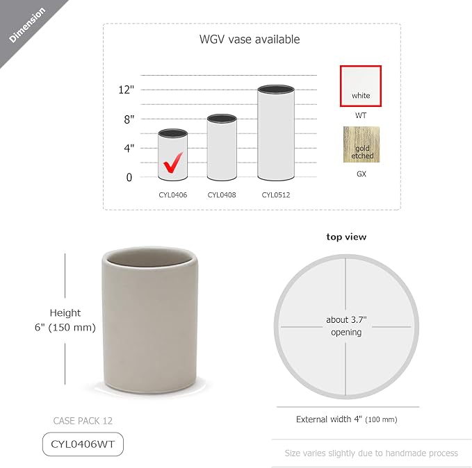 WGV Ceramic Cylinder Vase Bulk Width 4" Height 6" Elegant Unique Modern Matte Floral Container Planter Pot Centerpiece for Event Party Wedding Office Home Decor, Smooth White 12 Pieces