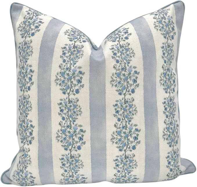 “The Juliet” Floral Block Print Pillow Cover – Soft Blue and Off-White Decorative Throw Pillow Cover – Grandmillennial Home Decor, 24" x 24"