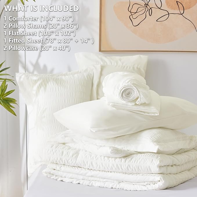 CozyLux King Size Comforter Set Ivory Seersucker 7 Pieces Bed in a Bag King Comforter Set with Sheets, Luxury Soft Bedding Sets with Down Alternative Comforter, Sheets, Pillowcases & Shams All Seasons