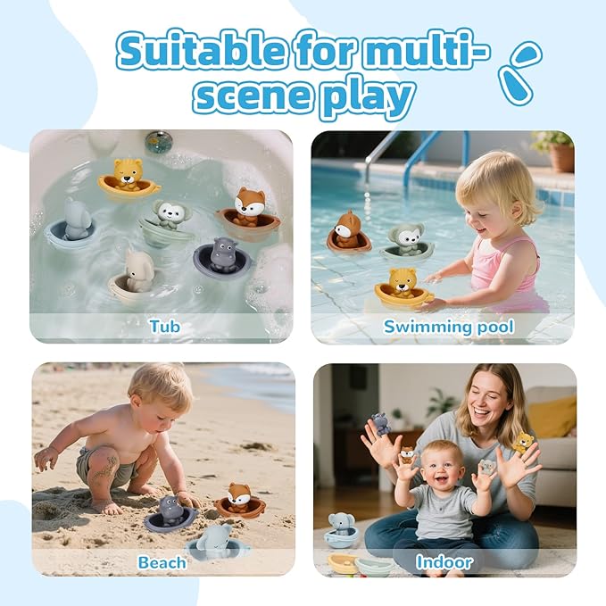 Bath Toys Float Boats for Kids Ages 18M+,Stackable Floaty Boat,Silicone Animal Finger Puppets,Toddler Toys Gifts for 2-4 Year Old Baby Gifts Valentines Easter Basket
