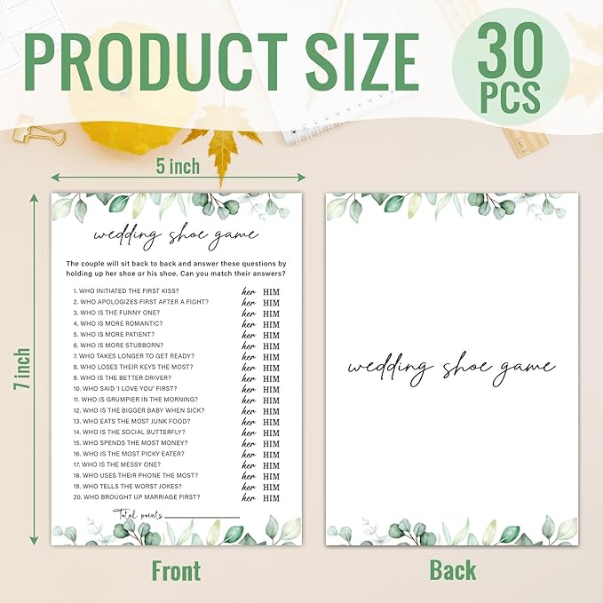 Wedding Shoe Game - Wedding Shower Games, Bridal Shower Games 30 Guests for Engagement Party, Bridal Game (Eucalyptus Botanical) -0008