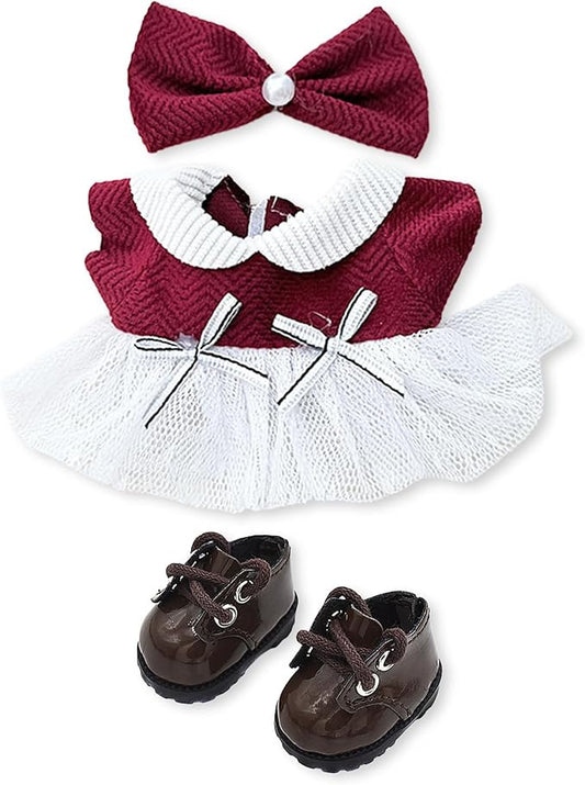 Handmade Clothes for 17cm LA B UBU，Suitable for 17cm Doll Accessories, Cute Clothing, Cute Clothes for Dress up Unique Style- Burgundy Skirt +Brown Shoes + Burgundy Bow