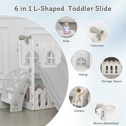 6 in 1 Toddler Slide,Kids Climber Slider for Indoor Outdoor Playground with Basketball Hoop,Storage and Telescope,L Shaped Slide for Toddler Climber Playset