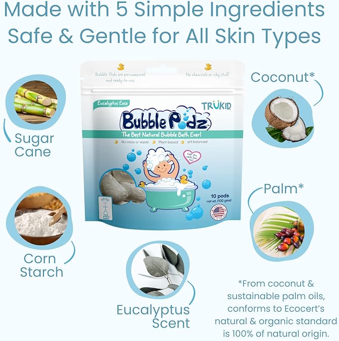 TruKid Bubble Podz Bubble Bath for Kids, Toddlers, & Babies, Tear Free Gentle & Refreshing Bath Bomb for Sensitive Skin with Natural Moisturizers, Non-Toxic, pH Balanced, Eucalyptus Scent (60 Podz)