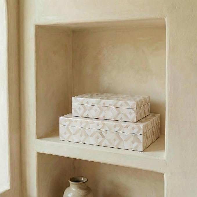 Decorative Storage Boxes with Lids - Set of 2 Organizer Bins for Bookshelf | Beautiful Home Decor - Safely Store Photos, Documents and Memory Box Keepsakes on Your Shelves in Style