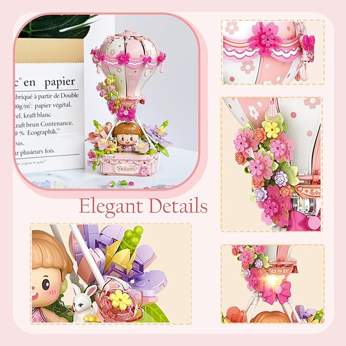 Hot Air Balloon with Flowers Cherry Blossom mini Building Blocks Set, Brithdays Gifts for Girls Adults Women,Creative Building Toys for Kids 8-14+(790pcs)
