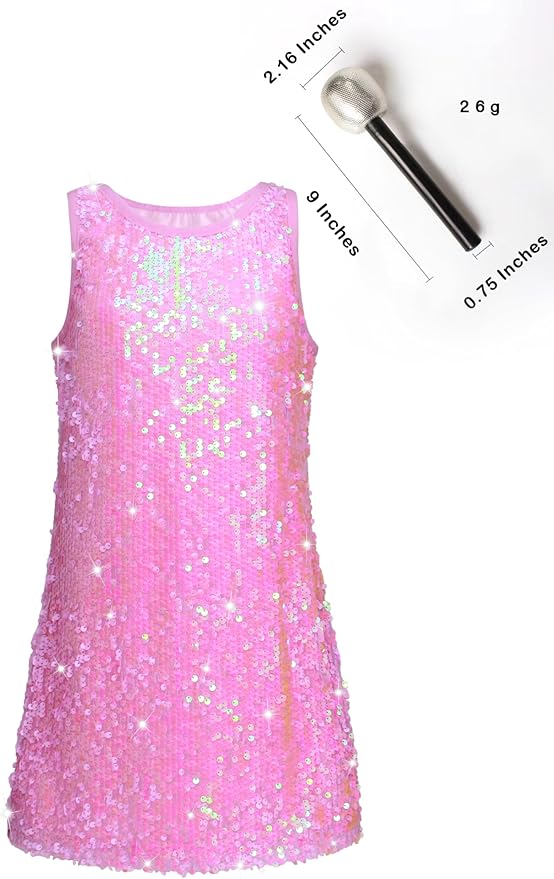 Girls Sequin Dress Sparkly Sleeveless Costume Prom Concert Party Outfit with Glitter Microphone Prop