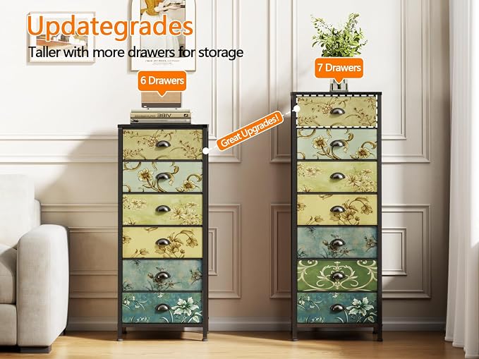 7 Drawer Tall Dresser for Bedroom, Vintage Fabric Chest of Drawers | Tall Nightstand for Dorm, Vertical Storage Tower Organizer, Fabric Drawer Units, Retro Skinny Dresser for Closet, Entryway