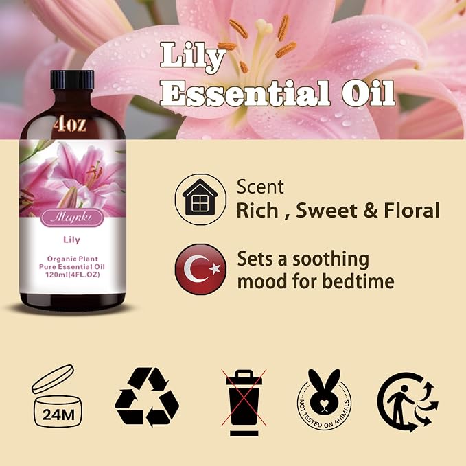 Lily Essential Oil-4.33 fl oz for Diffuser, Massage, Skin Care, DIY Soap, Candle, Meditation, Yoga, Relaxation, Gift Ready