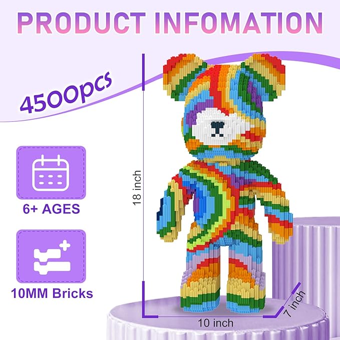 Bear Building Blocks with Organizer Bins (4500PCS), Fluorescent Bricks & Stroage Drawer, Gift for Adults & Kids, Ideal for Home & Office Decor, QR Code User Manual, 8884