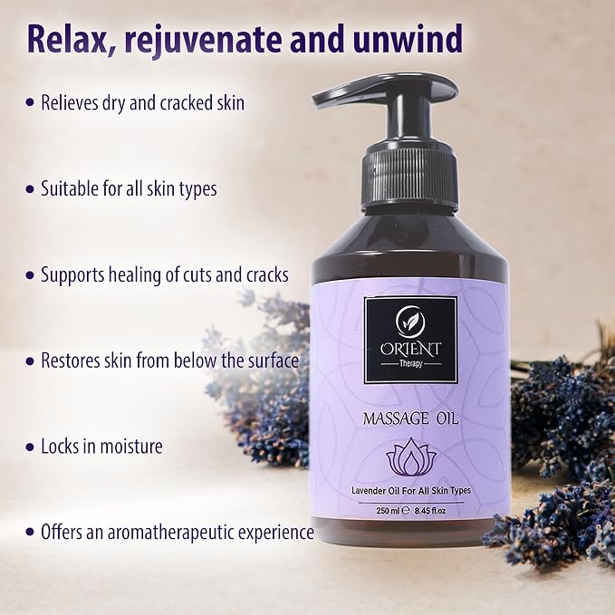 Lavender Massage Oil for Massage Therapy - Aromatherapy Scented Massage Oil for Couples- Soothing, Calming & Aromatic Body Oil - Non-Greasy & Lightweight - 250 ml