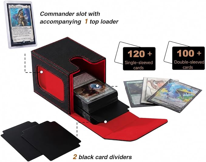 Venssu MTG Deck Box for Commander Display,Card Deck Box Fits 100 Double Sleeved Cards, TCG Card Storage with 2 Dividers and 1 Toploader (Black＆Red)