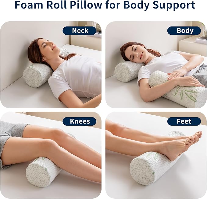 Neck Roll Pillow for Neck Pain Relief - High Resilience Foam Round Bolster Pillow for Cervical Support with Removable Washable Cover for Sleeping, Travel Legs Back Yoga (17X6 inch)